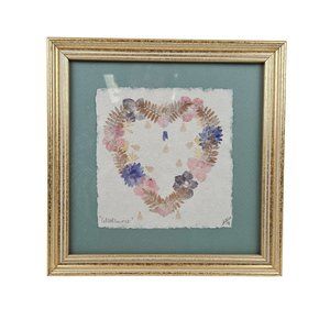 Vintage Heart Picture Shaped Pressed Wildflowers Pink Pastel Decor Framed